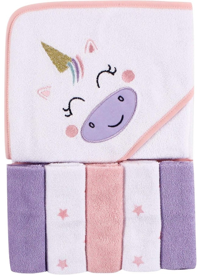 Luvable Friends Unisex Baby Hooded Towel with Five Washcloths, Unicorn, One Size - Image 2
