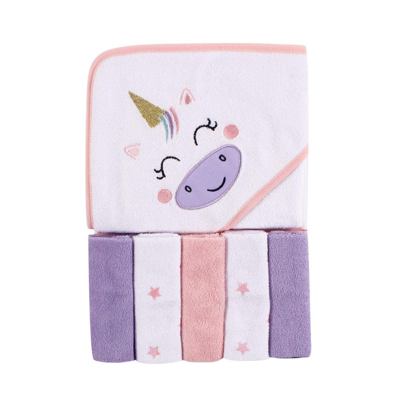 Luvable Friends Unisex Baby Hooded Towel with Five Washcloths, Unicorn, One Size - Image 1