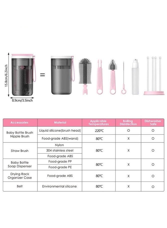 DOOKOO Baby Bottle Brush Set with Extendable Silicone Bottle Brush, Pacifier Brush, Drying Rack, Straw Cleaner Brush, Soap Dispenser, Suitable for Home, Travel, and Family Visits, Pink - Image 2