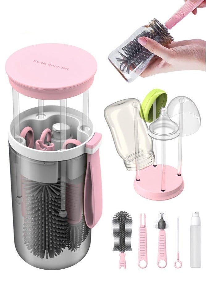 DOOKOO Baby Bottle Brush Set with Extendable Silicone Bottle Brush, Pacifier Brush, Drying Rack, Straw Cleaner Brush, Soap Dispenser, Suitable for Home, Travel, and Family Visits, Pink - Image 1
