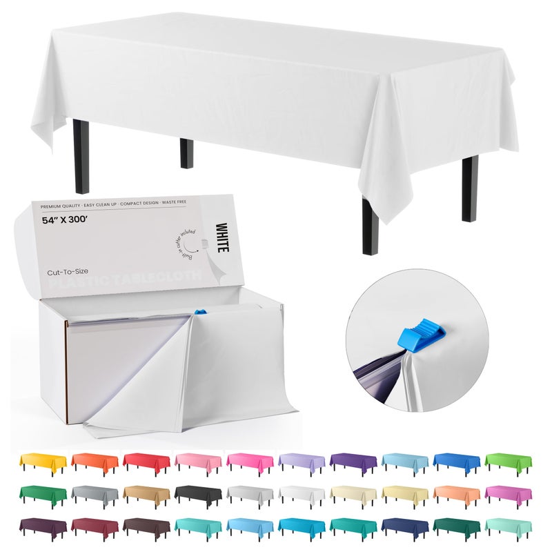 Party Solids Exquisite Party Solids 54 Inch X 300 Feet White Plastic Table Cover Roll in A Cut  to  Size Box with Convenient Slide Cutter Cuts Up to 36 Rectangle 8 Feet Plastic Disposable Tablecloths
