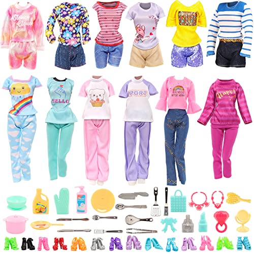 ENOCHT 40 PCS Doll Clothes and Outfits 6 Pants Outfits 10 Shoes 15 Makeup Accessories and 9 Tableware Accessories for 115 inch Doll Girl Dolls - Image 1
