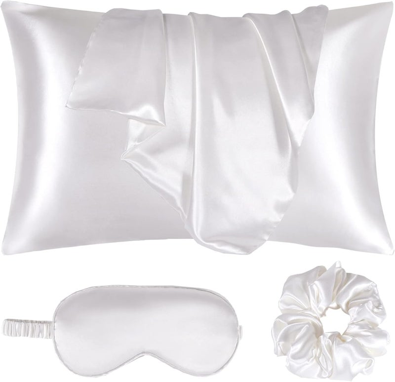 URLINENS غطاء وسادة من الساتان للشعر والبشرة، مجموعة نوم من حرير نباتي - 2 غطاء وسادة من الساتان العاجي مقاس كوين، 1 قناع عين، 1 ربطة شعر - مجموعة نوم فاخرة، أغطية وسائد بيضاء مع إغلاق مغلف - Image 1