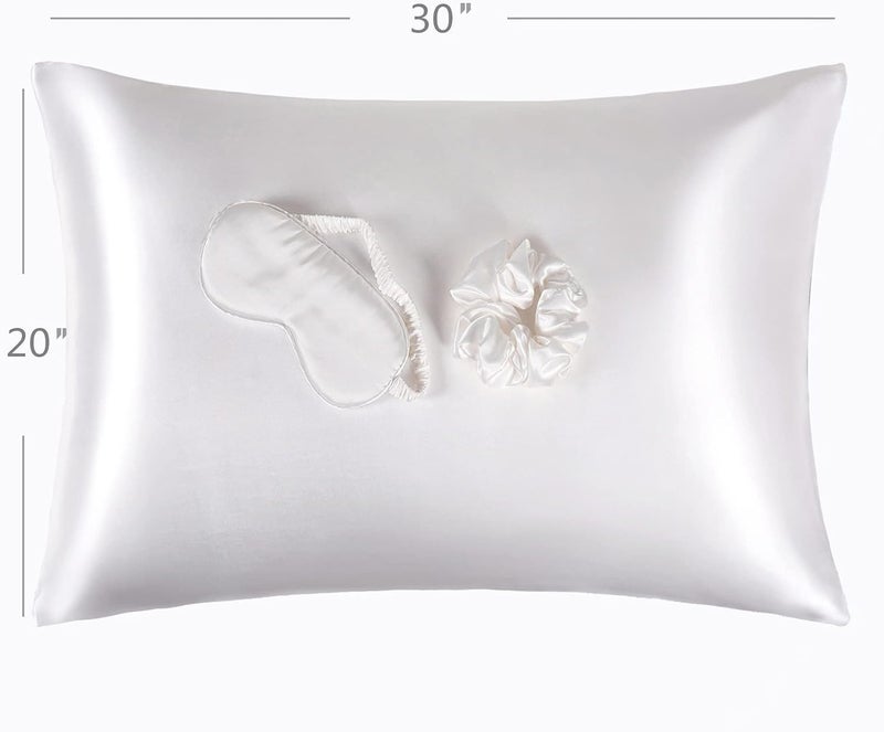 URLINENS غطاء وسادة من الساتان للشعر والبشرة، مجموعة نوم من حرير نباتي - 2 غطاء وسادة من الساتان العاجي مقاس كوين، 1 قناع عين، 1 ربطة شعر - مجموعة نوم فاخرة، أغطية وسائد بيضاء مع إغلاق مغلف - Image 2