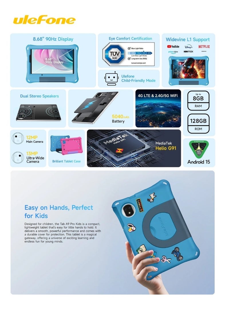 أوليفون Ulefone Tab A9 Pro Kids Tablet, 8.68" 90Hz HD+ Display, MediaTek Helio G91 Octa-Core, 4GB RAM + 128GB ROM, Up to 8GB RAM, 2TB Expandable, Android 15, 5040mAh Battery, Dual SIM 4G, Kids EVA Case & Stylus, Blue - Image 2