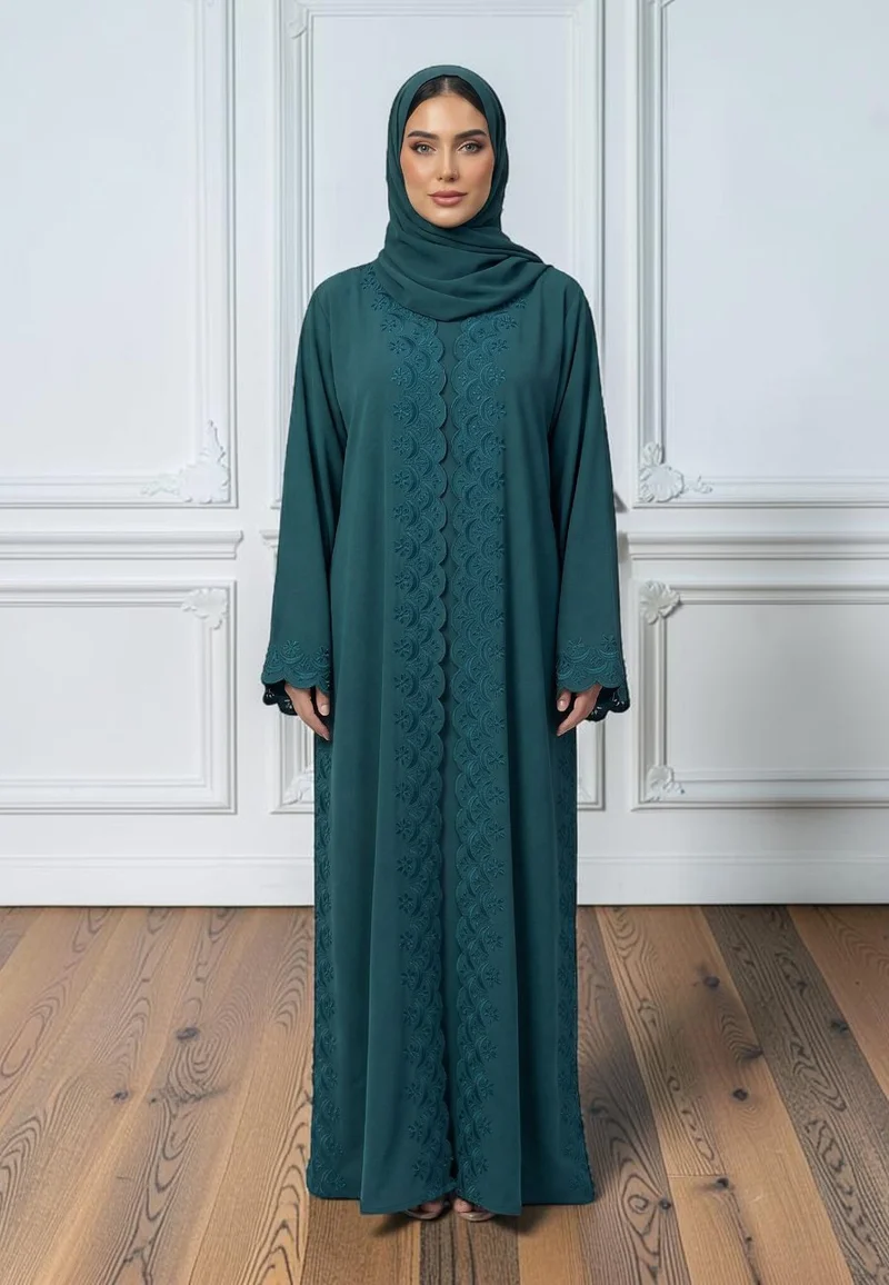 NUKHBAA Scalloped Embroidery Open Abaya | Nida Fabric-866