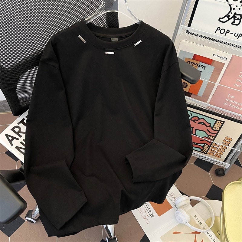 Heavy 300g long-sleeved T-shirt for men and women, American basic style, casual fashion brand, loose white base shirt, round neck hoodie - Image 2
