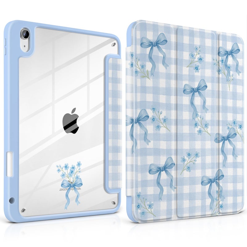TWOLSKOO for iPad 11th & 10th Gen Case with Pencil Holder, Trifold Stand, Auto Sleep/Wake, Clear Acrylic Back with TPU Bumper, for iPad 11-inch (2025, A16 Chip) & 10.9-inch (2022), Blue Gingham Bows - Image 1