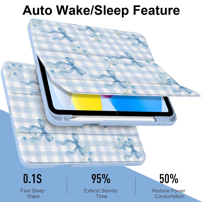 TWOLSKOO for iPad 11th & 10th Gen Case with Pencil Holder, Trifold Stand, Auto Sleep/Wake, Clear Acrylic Back with TPU Bumper, for iPad 11-inch (2025, A16 Chip) & 10.9-inch (2022), Blue Gingham Bows - Image 3