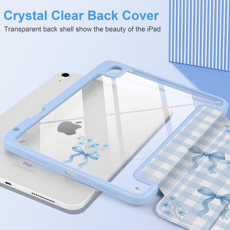 TWOLSKOO for iPad 11th & 10th Gen Case with Pencil Holder, Trifold Stand, Auto Sleep/Wake, Clear Acrylic Back with TPU Bumper, for iPad 11-inch (2025, A16 Chip) & 10.9-inch (2022), Blue Gingham Bows - Image 4