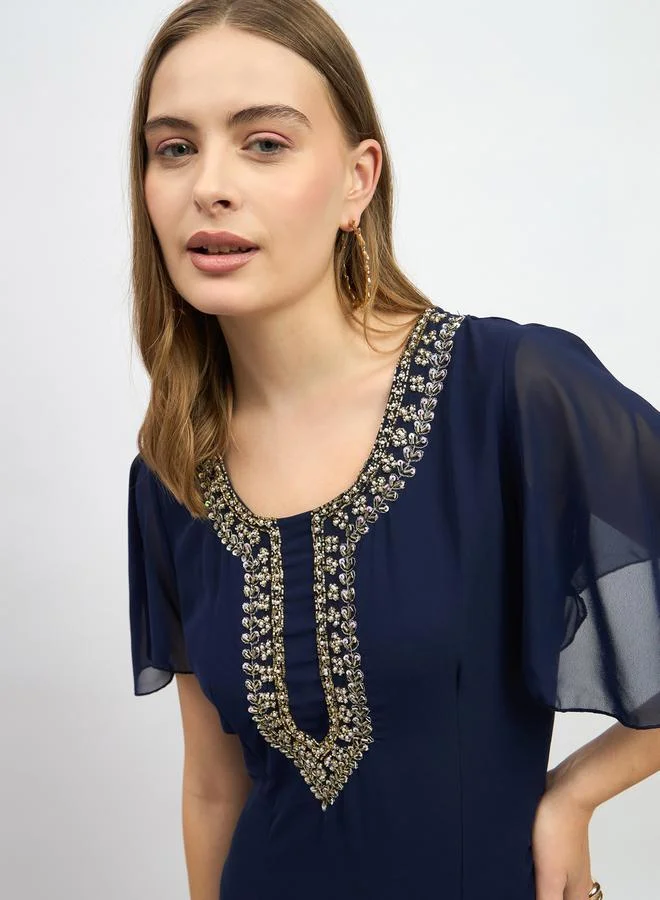 Styli Embellished Short Sleeves A-Line Maxi Dress