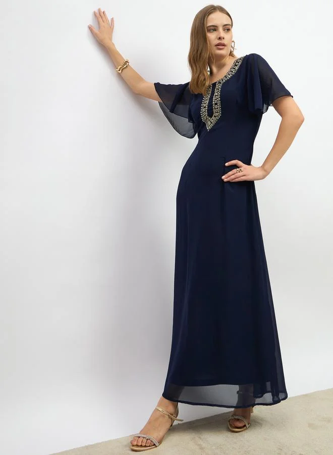Styli Embellished Short Sleeves A-Line Maxi Dress
