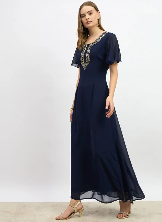 Styli Embellished Short Sleeves A-Line Maxi Dress