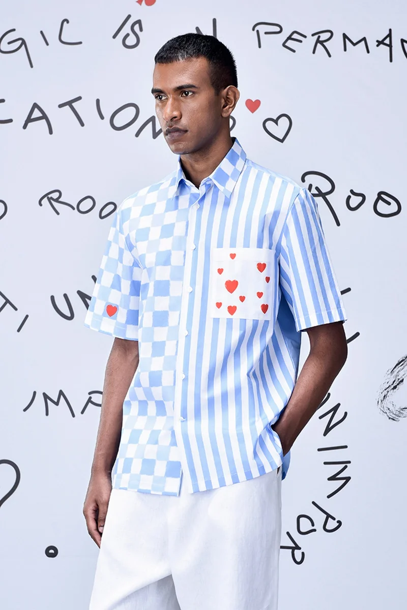 Genes Lecoanet Hemant Half Sleeve Chess Board Stripe Regular Fit Shirt