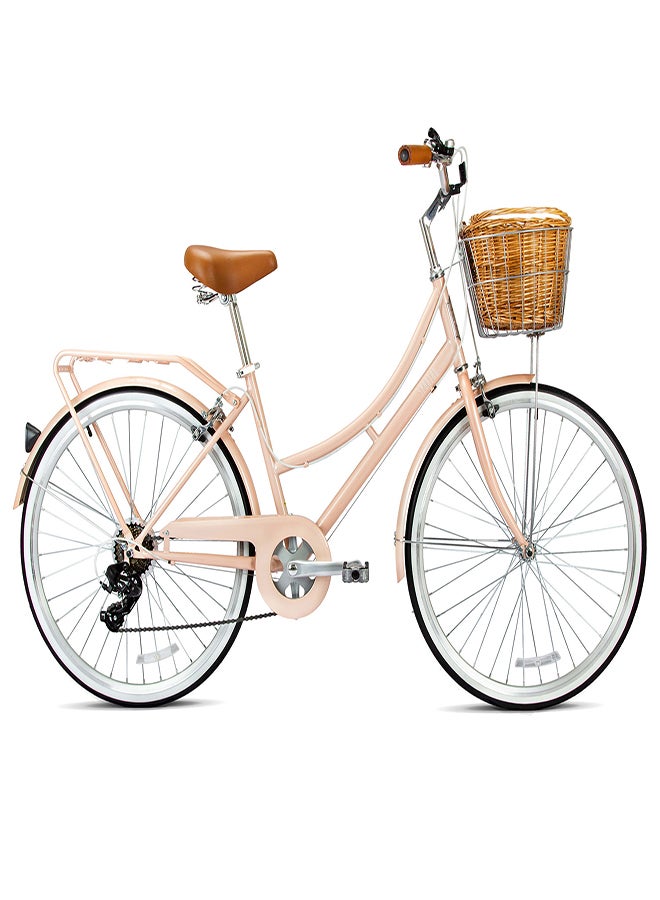 Spartan Platinum City Bike | 26 Inch Wheel Size | 7 Speed Gear Shifter | Peach Color With Basket  - Image 1
