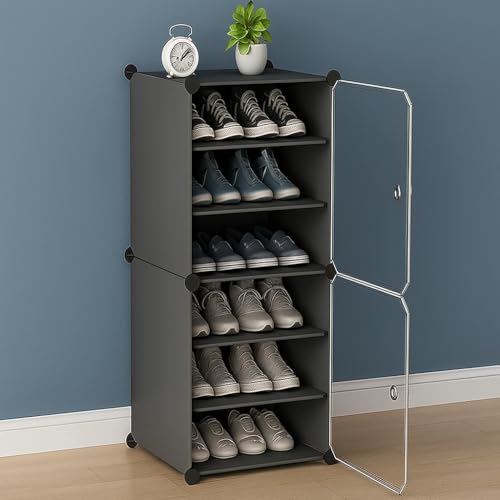 KEEKOS Portable Shoe Rack for Home Plastic with Door,Adjustable Plastic Shoe Rack for Bedroom/Outdoor Waterproof, Shoe Storage Organizer,with Shelves Kitchen Runner Rug (Deep Grey, 6-Layer) - Image 1