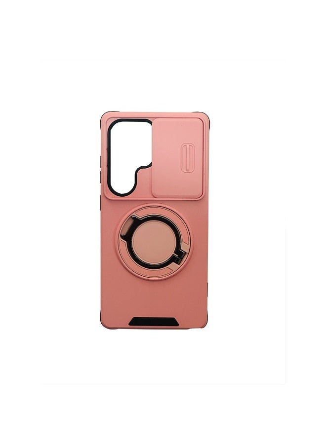 erorex Shockproof Case with Sliding Camera Cover and Ring Stand for Samsung S22 Ultra - Pink