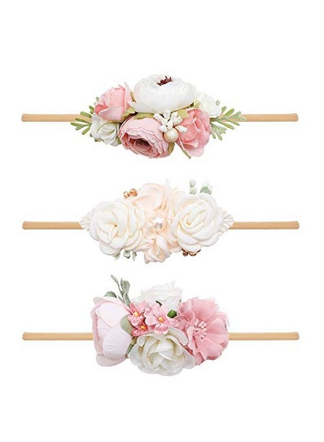 OOSAKU Baby Girl Flower Headbands Set Elastic Floral Headbands 3Pcs Soft Nylon Hair Band For Newborn Toddler Hair Accessories  - Image 1