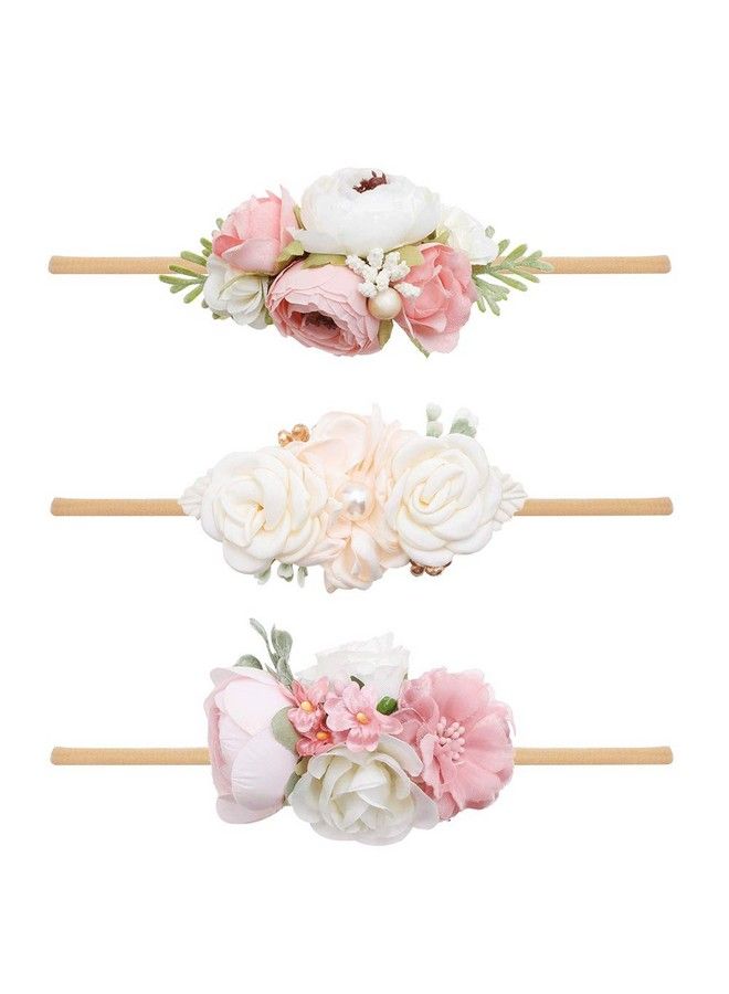 OOSAKU Baby Girl Flower Headbands Set Elastic Floral Headbands 3Pcs Soft Nylon Hair Band For Newborn Toddler Hair Accessories  - Image 2