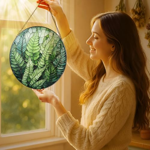 LAOWEIKI 8'' Fern Plant Sun Catcher Ornament, Stained Glass Window Hanging, Sun Catchers for Windows Hanging Ornaments, Window Decor | Plant Lover Gifts, Housewarming Gifts - Image 2