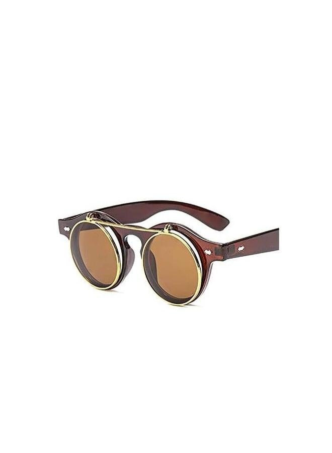 HALAMODO نظارات شمسية مزدوجة الطبقة بتصميم بانك إطار دائري كلاسيكي عالمي بني - Image 4