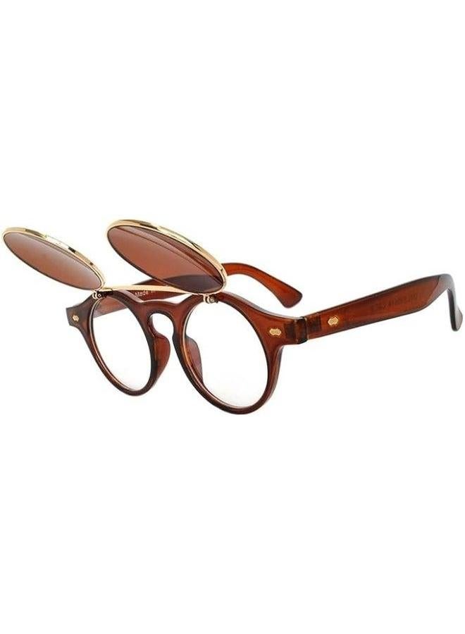 HALAMODO نظارات شمسية مزدوجة الطبقة بتصميم بانك إطار دائري كلاسيكي عالمي بني - Image 2