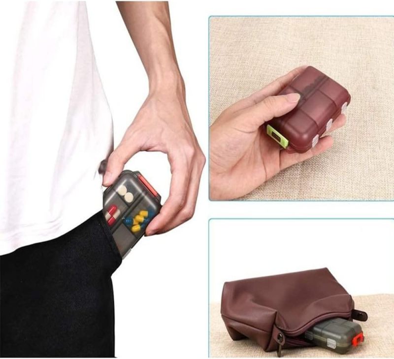 Pill Box 9.5*6.4*2.5 Cm Brown Food Grade Bpa-free Pp Material - 10 Spacious Compartments Double Protection Portable Pill Organizer for Daily Medication Travel Elderly Patients - Image 2