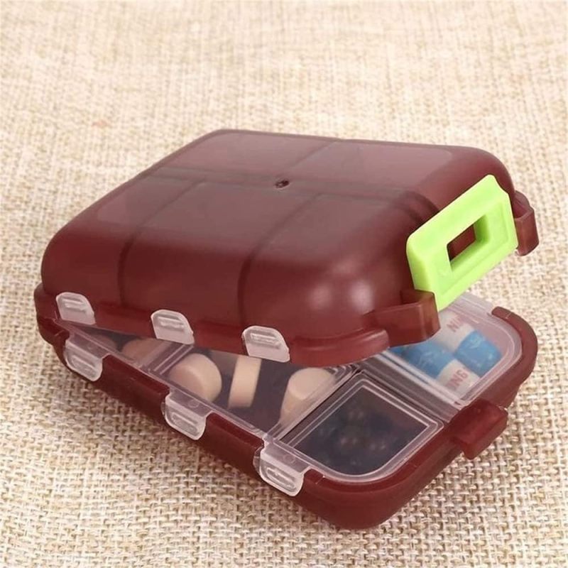 Pill Box 9.5*6.4*2.5 Cm Brown Food Grade Bpa-free Pp Material - 10 Spacious Compartments Double Protection Portable Pill Organizer for Daily Medication Travel Elderly Patients - Image 3