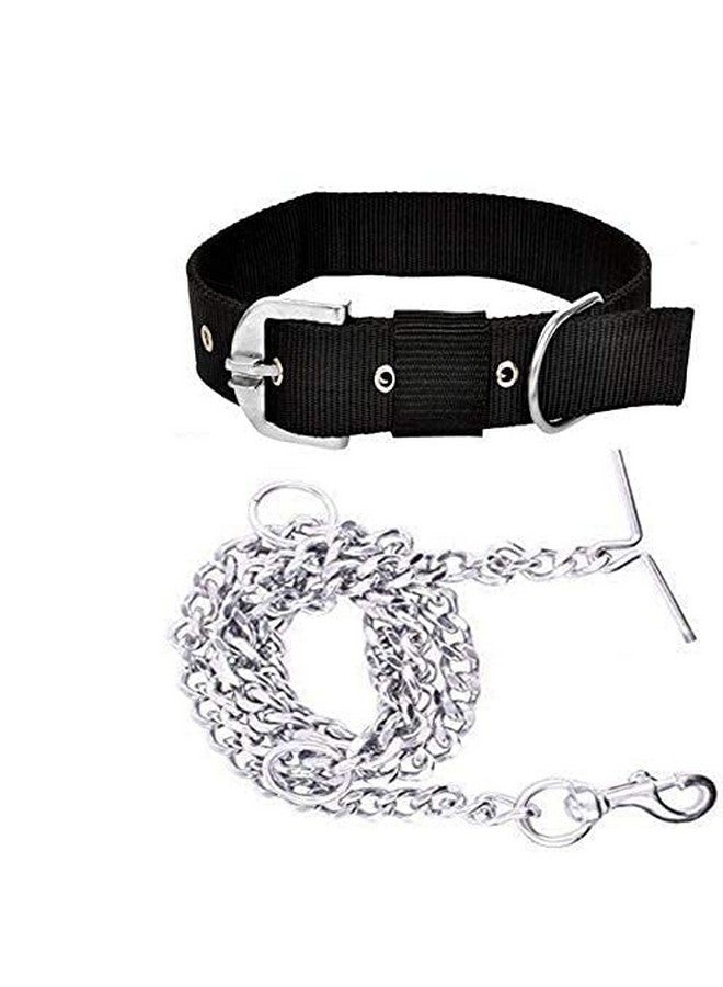 مجموعة حزام الكلب من طوق نايلون مقاس 1 بوصة مع سلسلة كلب ثقيلة بطول 63 بوصة (حجم كبير) - أسود - Image 1