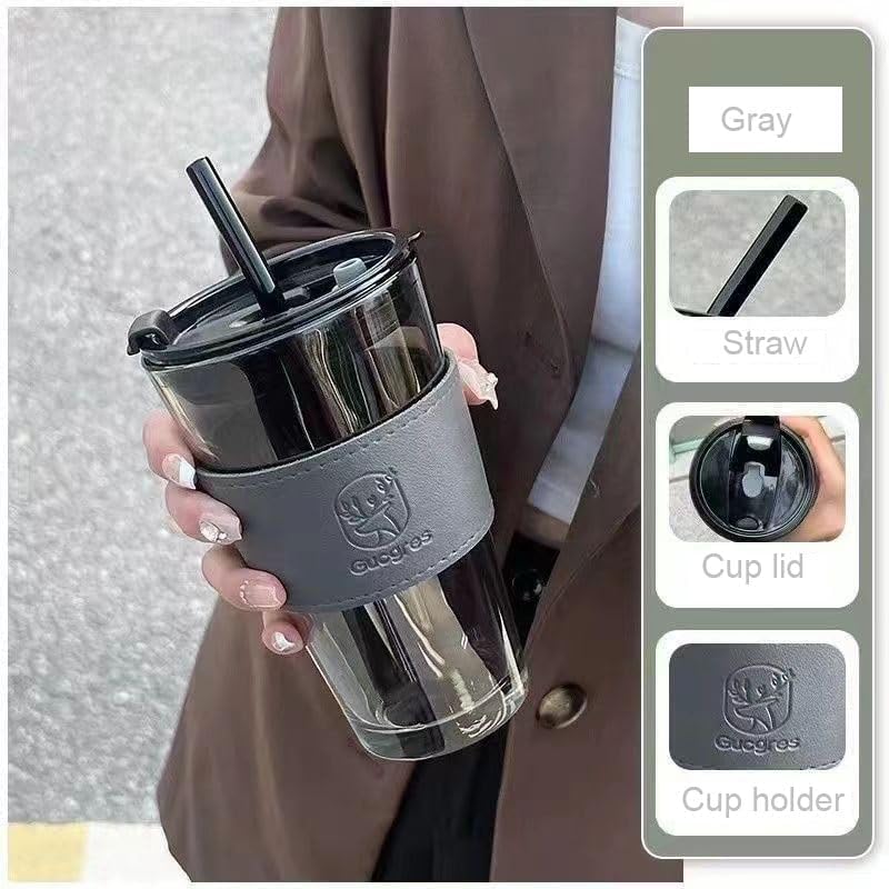 KELVEE Reusable Glass Tumbler with Straw and Airtight Lid Pack of 1, 400ml Travel Leakproof Coffee Sipper with Leather Sleeve Grip Mug for Juice Cocktail Iced Tea Smoothie Hot & Cold Drink Cup (Grey) - Image 5