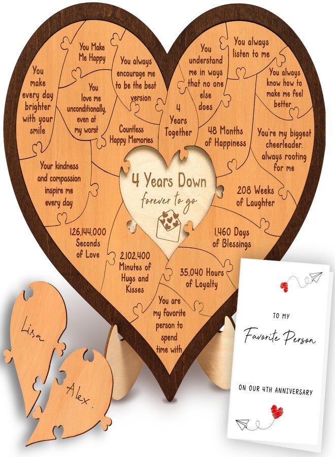 Stofinity 4 Year Anniversary Wooden Gifts For Him Her - Happy 4th Anniversary Wedding Gifts For Husband Wife, Linen Fourth Anniversary Marriage Gift For Couple, Four Years Dating Wood Heart Puzzle - Image 1