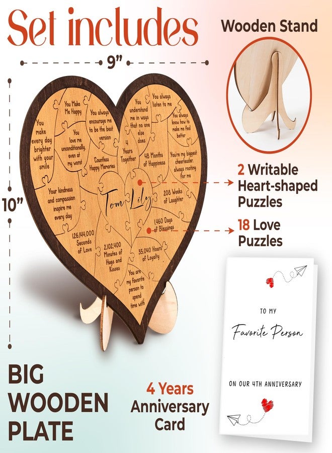 Stofinity 4 Year Anniversary Wooden Gifts For Him Her - Happy 4th Anniversary Wedding Gifts For Husband Wife, Linen Fourth Anniversary Marriage Gift For Couple, Four Years Dating Wood Heart Puzzle - Image 3