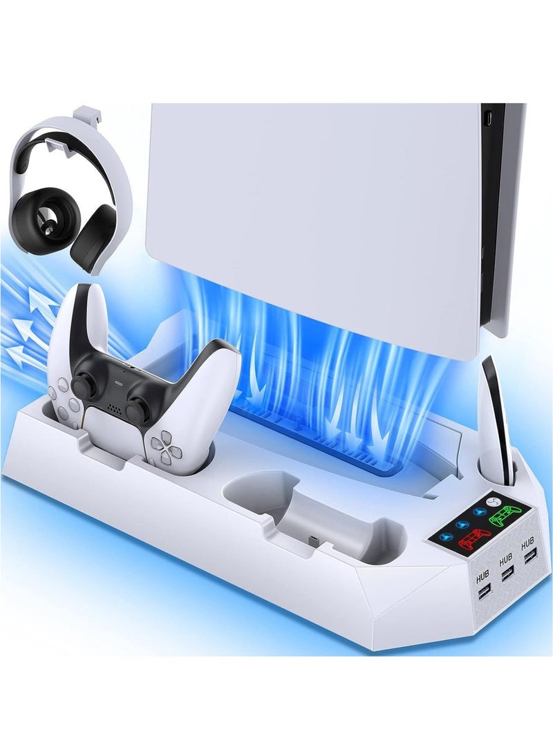 PS5 Slim/PS5 Stand and Cooling Station with Dual Controller Charging Station for PlayStation 5 Console PS5 Accessories Headset Holder - Image 1