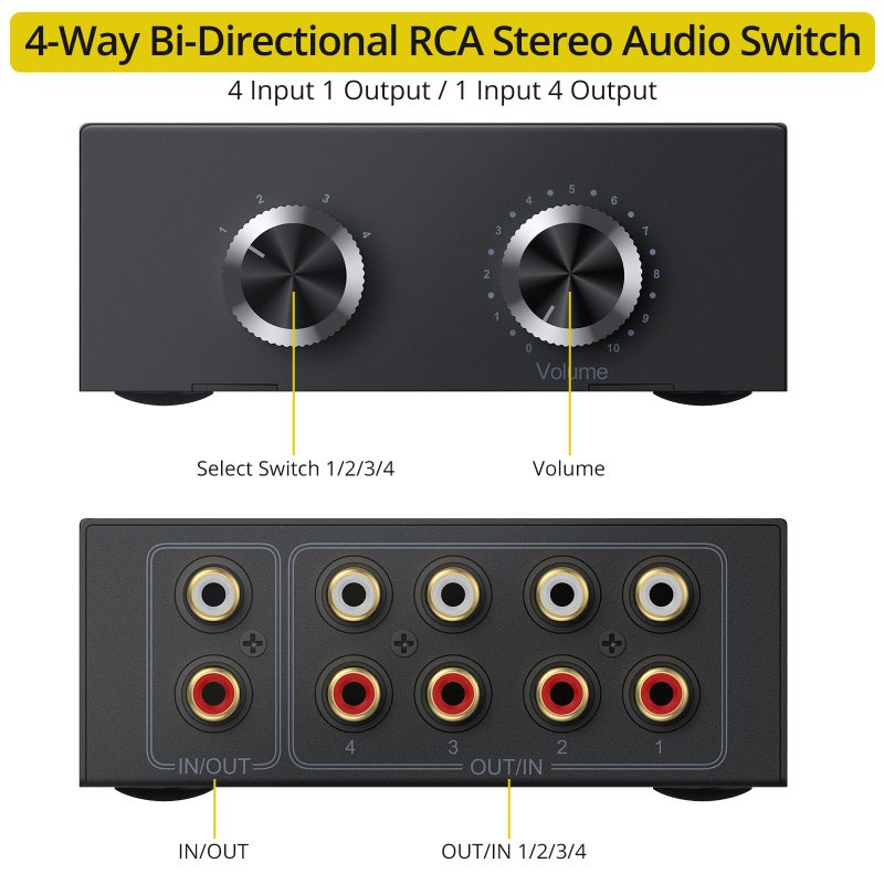 PROZOR RCA Switch 4 Way Bi-Directional RCA Splitter with Volume Control and Switch Button, R/L Audio Selector with No Power Supply Needed for DVD Stereo Speaker CD Player - Image 2