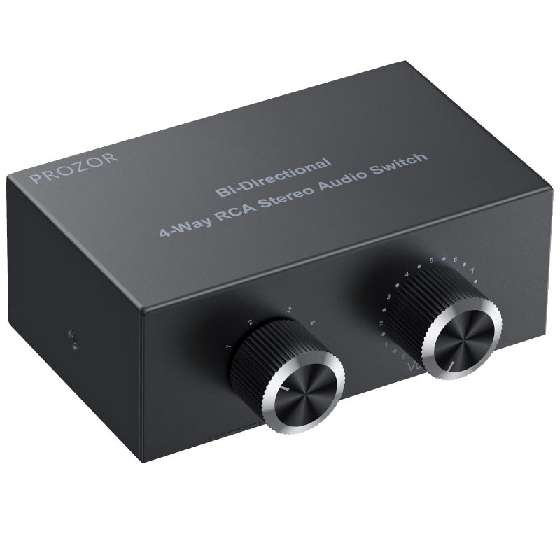 PROZOR RCA Switch 4 Way Bi-Directional RCA Splitter with Volume Control and Switch Button, R/L Audio Selector with No Power Supply Needed for DVD Stereo Speaker CD Player - Image 1