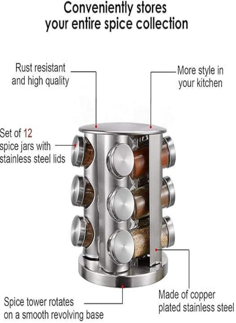 12-Piece Spice Jar Set with Rotating Stainless Steel Rack - Includes Airtight Round Glass Jars for Spices, Herbs and Seasonings - Image 4