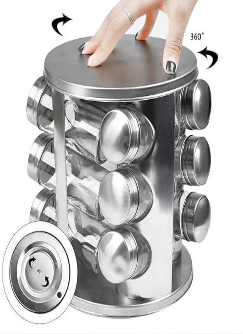 12-Piece Spice Jar Set with Rotating Stainless Steel Rack - Includes Airtight Round Glass Jars for Spices, Herbs and Seasonings - Image 2