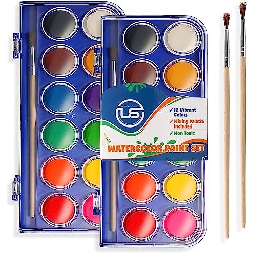 Ultimate Stationery 2 Pack Watercolor Paint Set 12 Vivid Colors Includes Watercolour Mixing Palette and 2 Brushes, Perfect For Artists, Beginner Painters, Kids and Adult Painting - Image 2