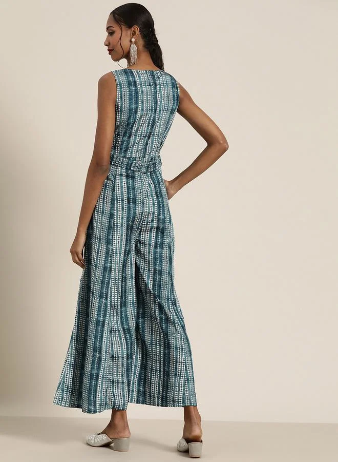 SASSAFRAS Shibori Print V Neck Sleeveless Wrap Jumpsuit by Styli