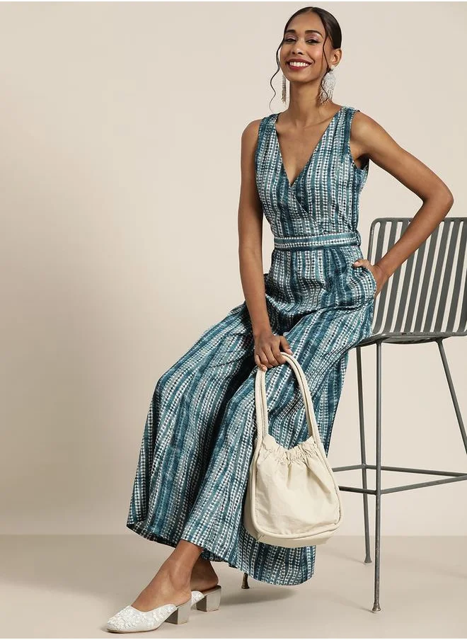 SASSAFRAS Shibori Print V Neck Sleeveless Wrap Jumpsuit by Styli