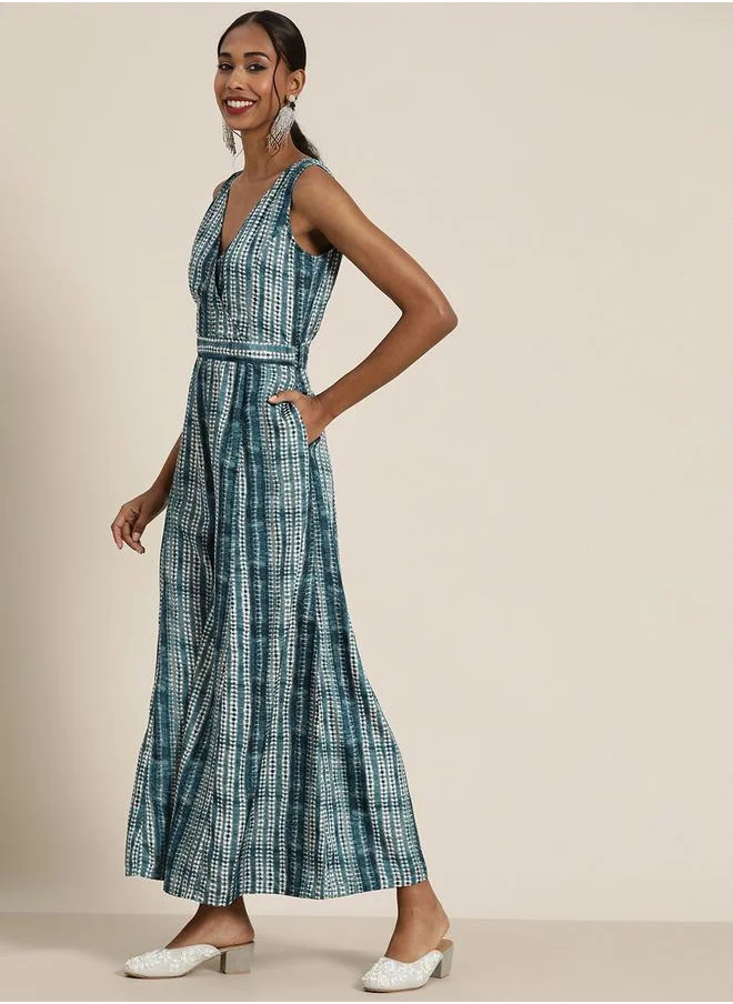 SASSAFRAS Shibori Print V Neck Sleeveless Wrap Jumpsuit by Styli