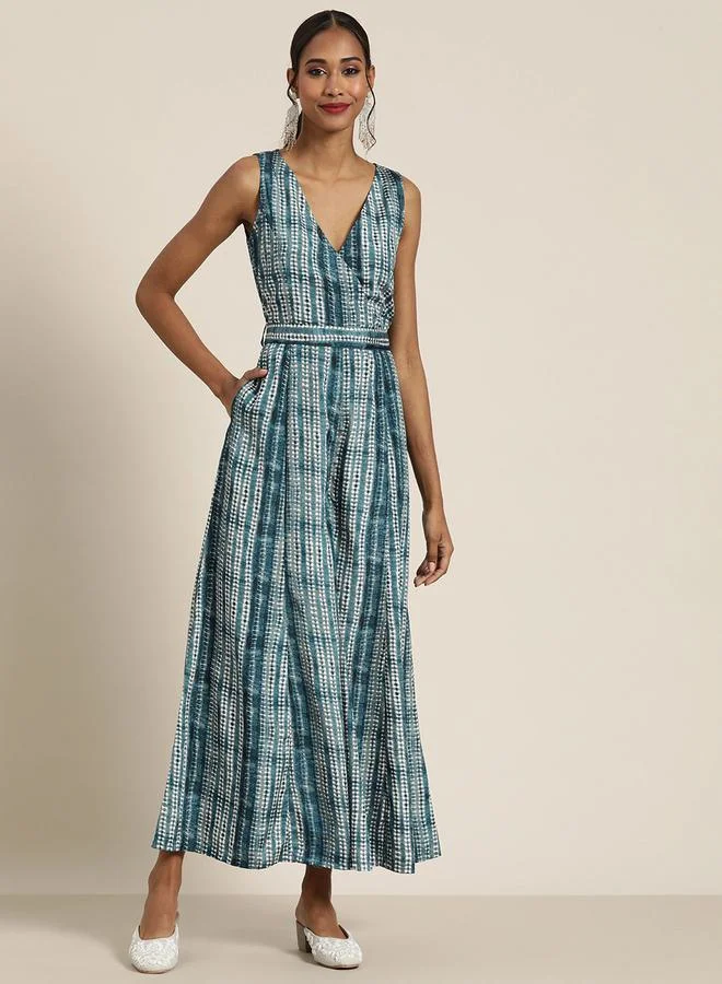SASSAFRAS Shibori Print V Neck Sleeveless Wrap Jumpsuit by Styli