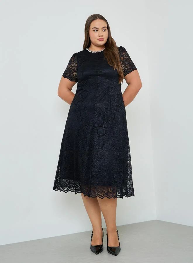 Styli  Plus Size Lace Overlay A-Line Midi Dress for Women | Best Price UAE