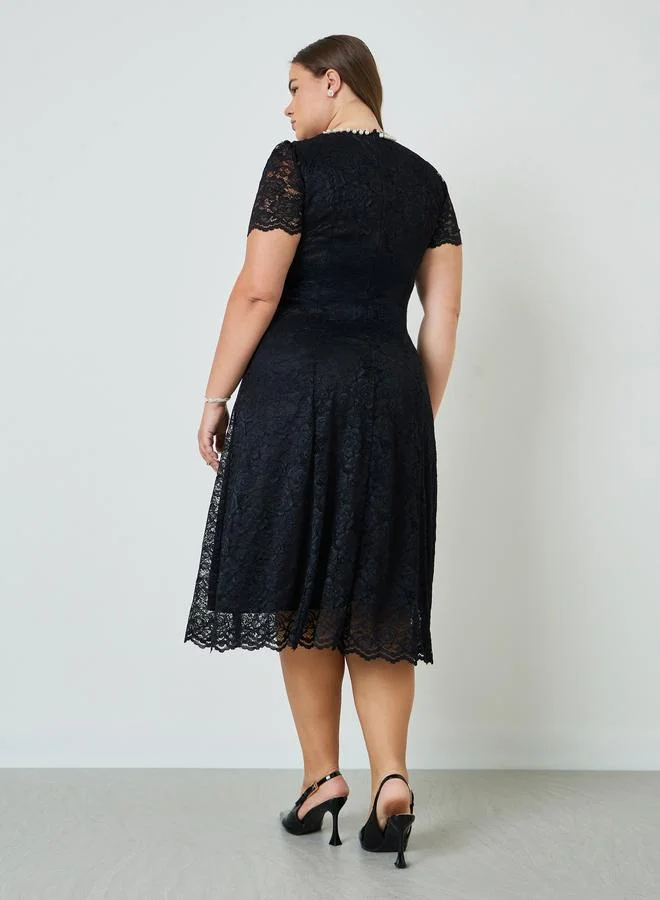 Styli  Plus Size Lace Overlay A-Line Midi Dress for Women | Best Price UAE