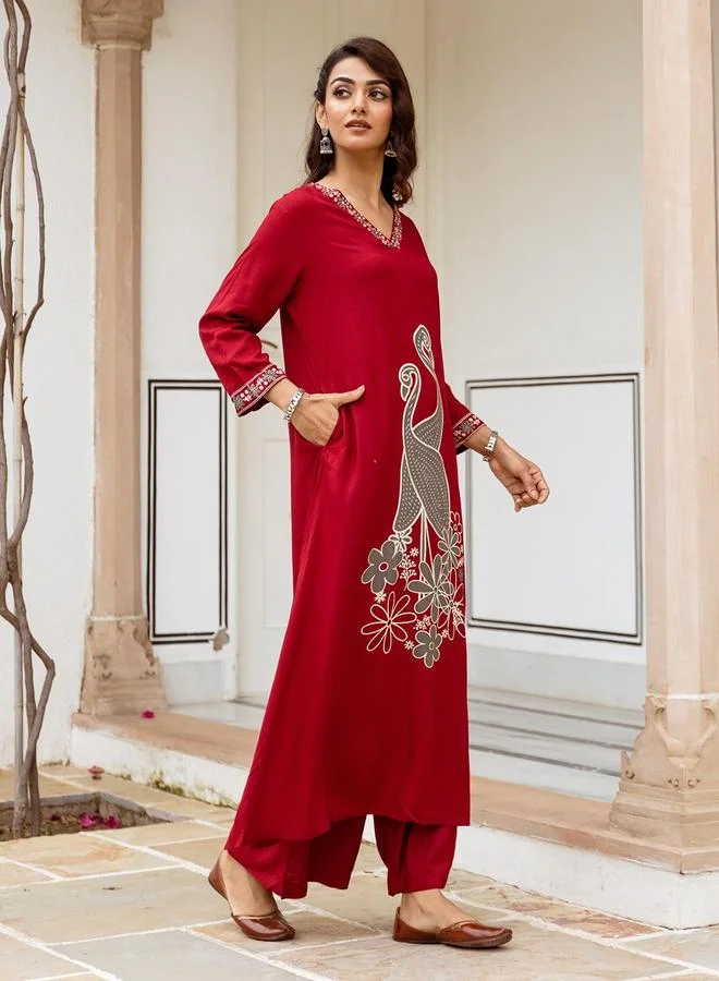 ISHIN Women's Red Rayon Printed Tunic Upper Calf Length Palazzo Bottom Straight Fit 2 Peice Kurta Set