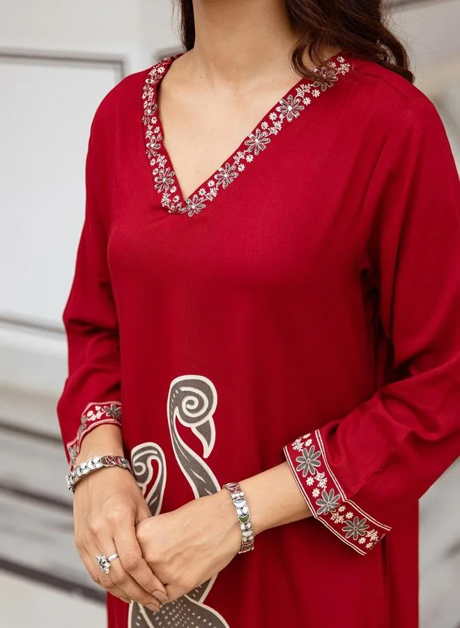 ISHIN Women's Red Rayon Printed Tunic Upper Calf Length Palazzo Bottom Straight Fit 2 Peice Kurta Set