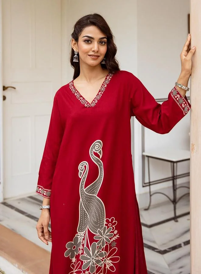 ISHIN Women's Red Rayon Printed Tunic Upper Calf Length Palazzo Bottom Straight Fit 2 Peice Kurta Set