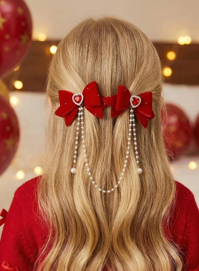 Take Two Red Bow Hair Clips with Pearl Chains