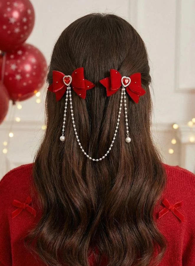 Take Two Red Bow Hair Clips with Pearl Chains