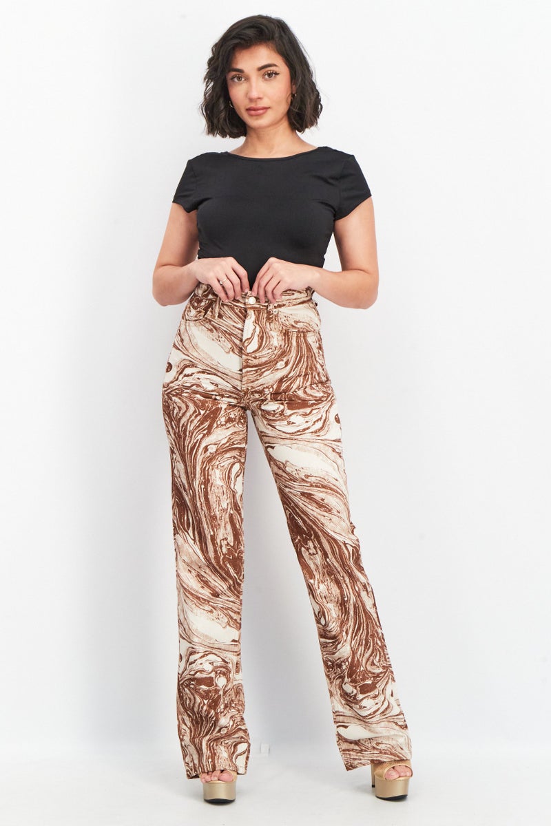 TOPSHOP Women Marble Print Wide Leg Non Stretchable Denim Jeans, Brown - Image 3